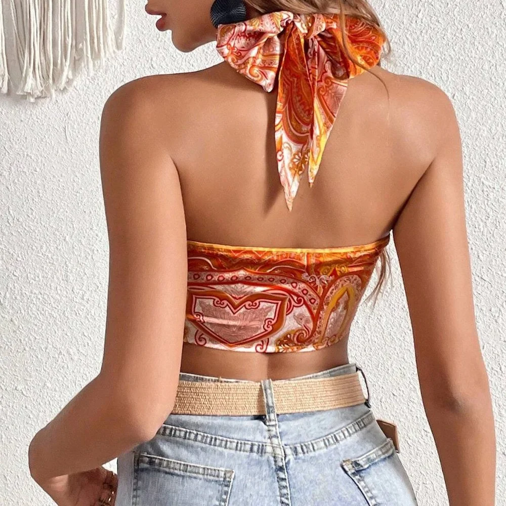 Multicolor Boho Womens Cross Wrap Tie Backless Halter Top - Picture 3 of 3